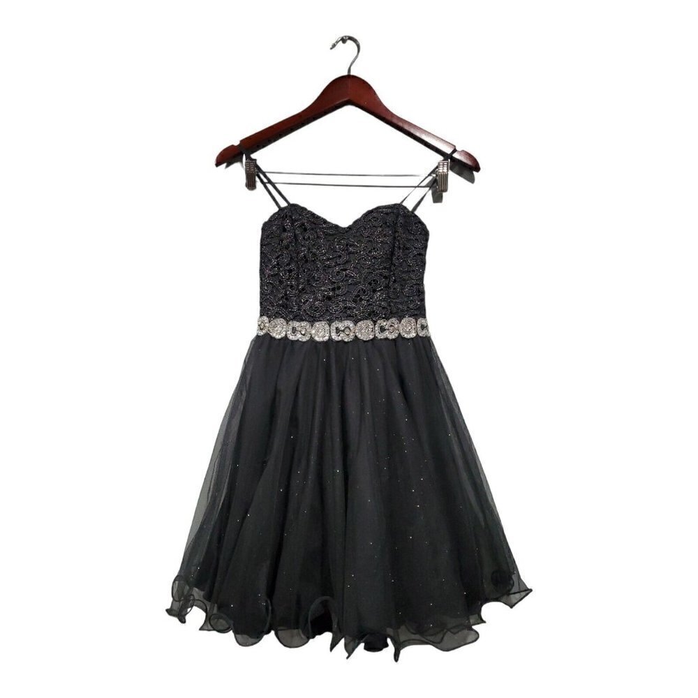 City Studio Black Prom Party Dress Juniors 1 Sleeveless Lined Chiffon Lace Tulle